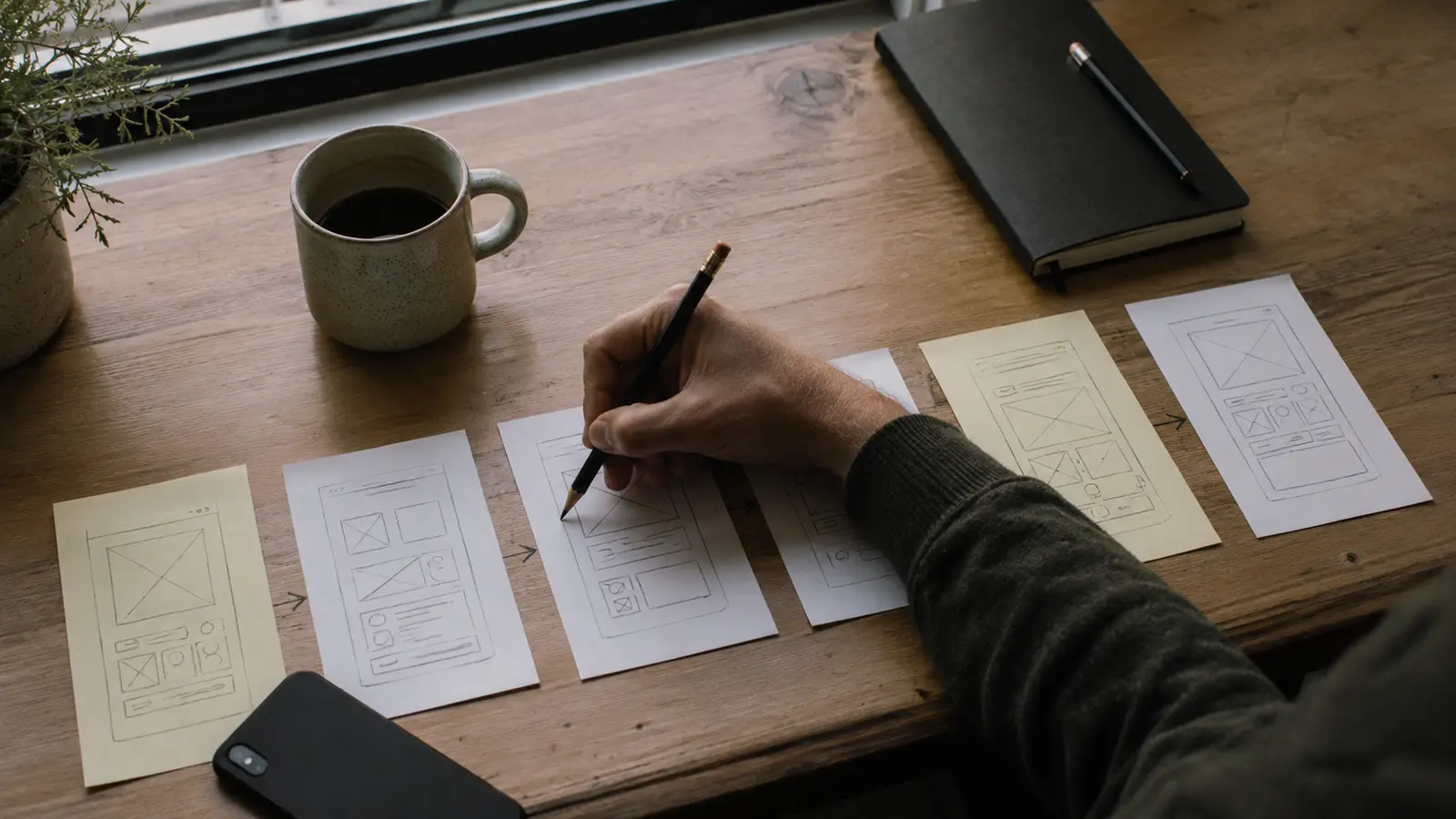 Planning the stages of an app build on paper wireframes