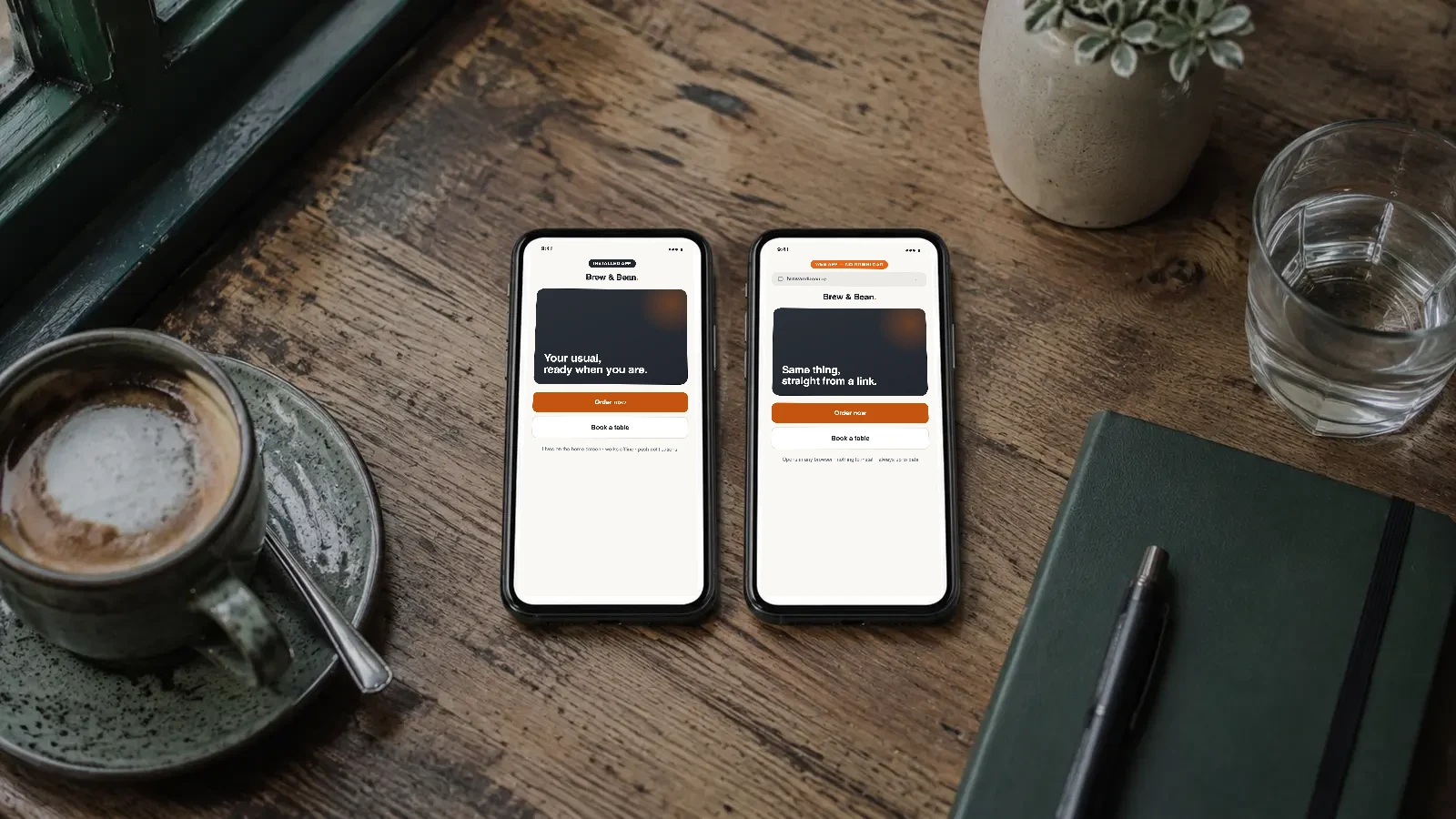 Two phones on a café table — one showing an installed app, one a web app in a browser