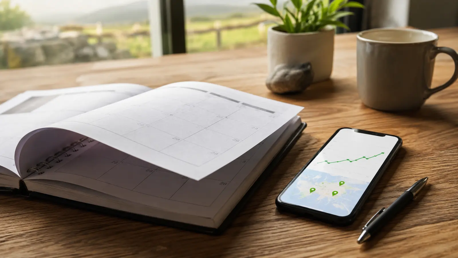 A calendar and notebook on a wooden desk — planning an SEO timeline for an Irish business