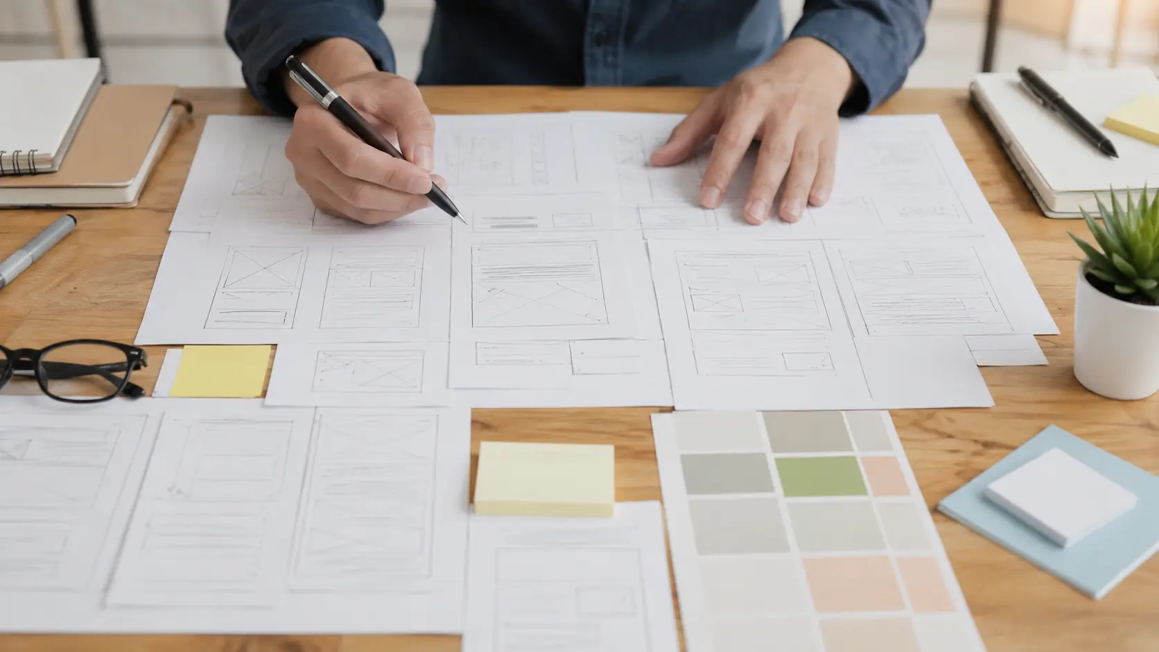 Hands writing in a notebook on a wooden desk, the craft of copy that converts