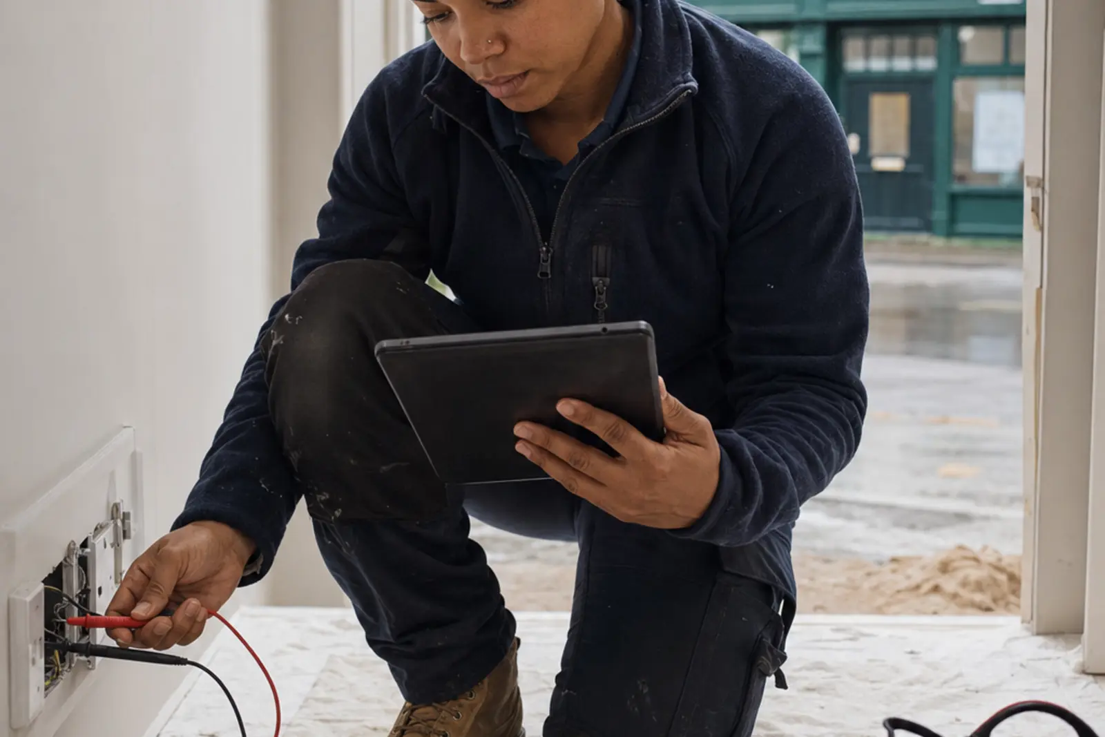 Female electrician kneeling to test a socket with a multimeter while checking readings on a tablet