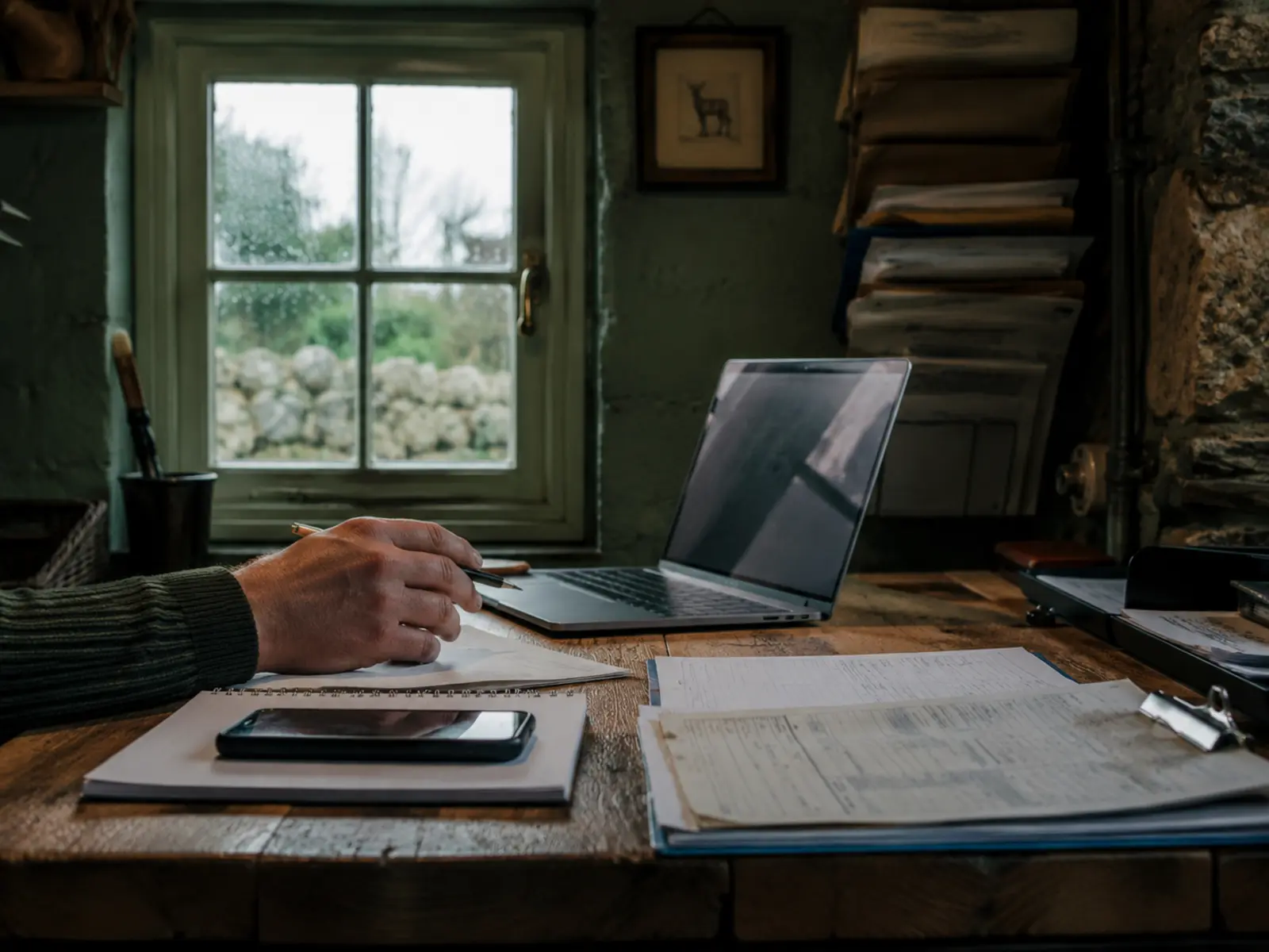 Laptop, phone and paperwork on a desk — connecting business tools
