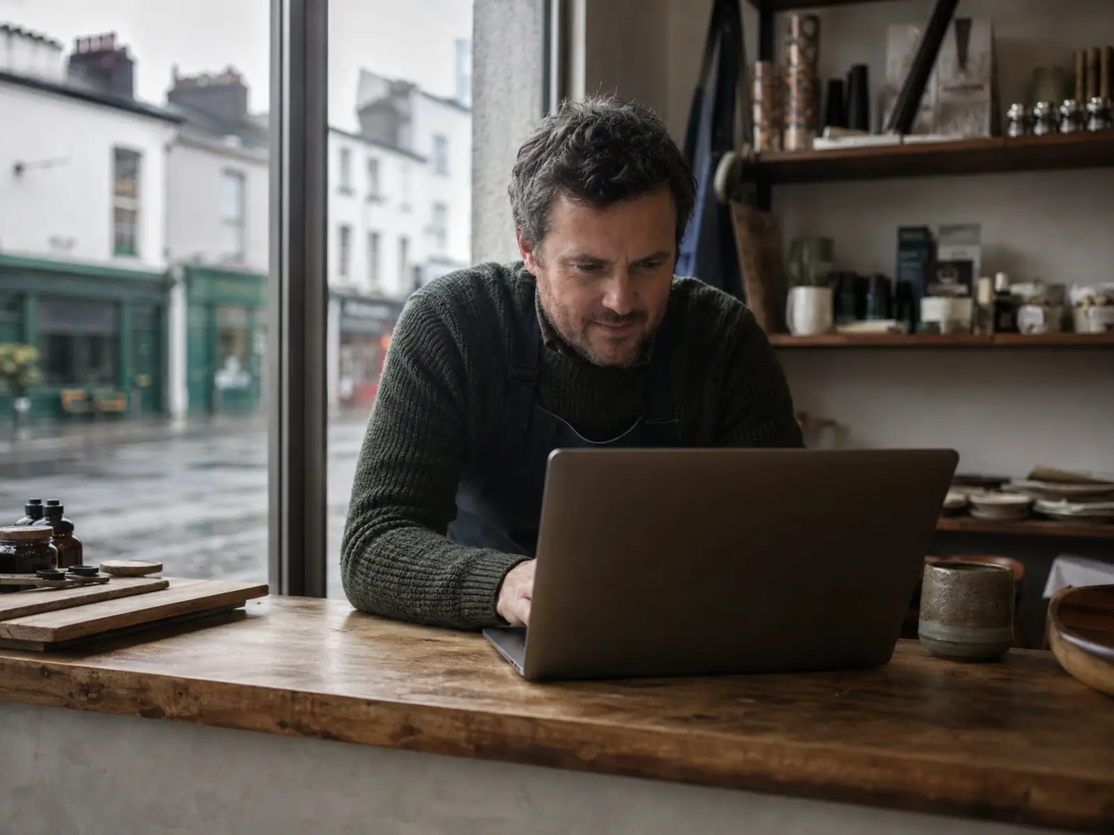 An Irish business owner reviewing a custom-built tool on a laptop