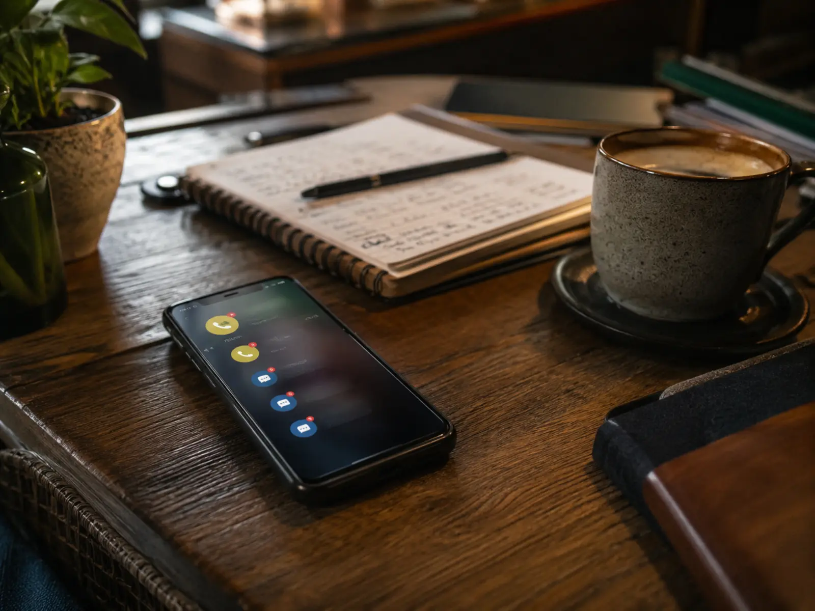 Phone on a desk lighting up with calls and messages