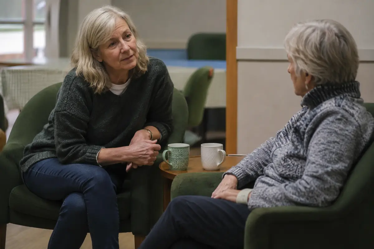 Two people in supportive conversation over tea