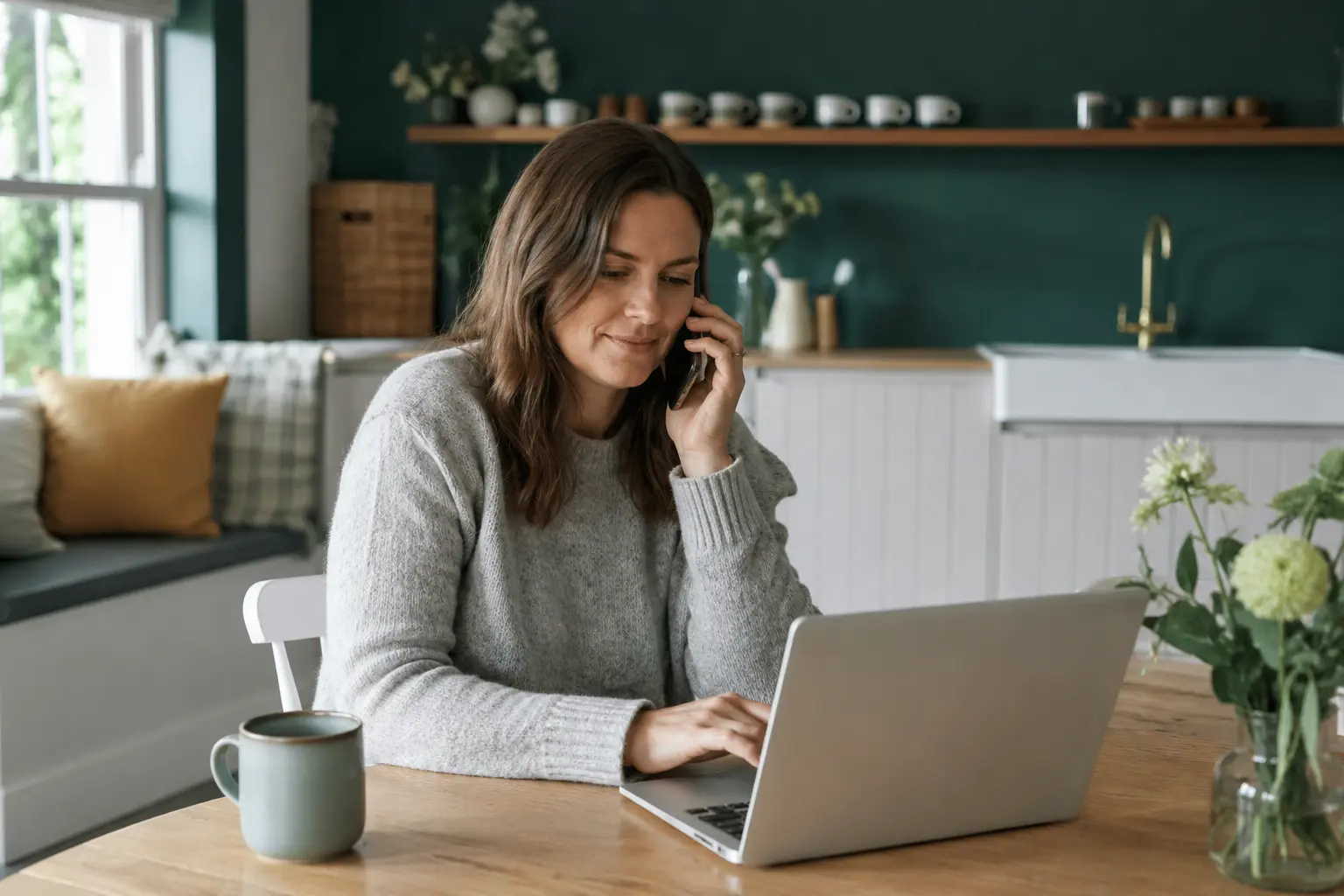 Irish business owner checking their website on a laptop and phone at home
