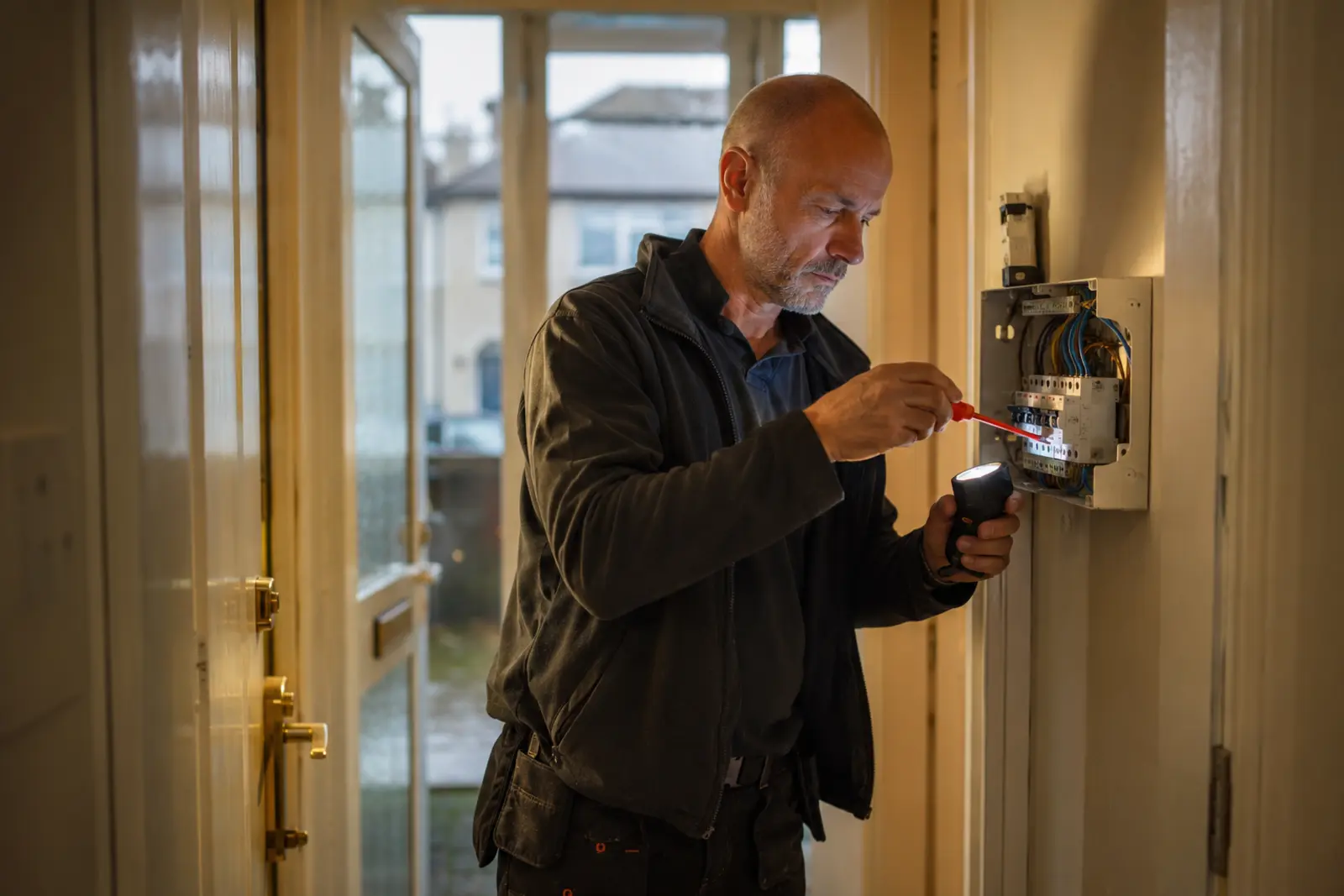 Electrician using a torch and screwdriver on a hallway fuseboard in low light during a callout
