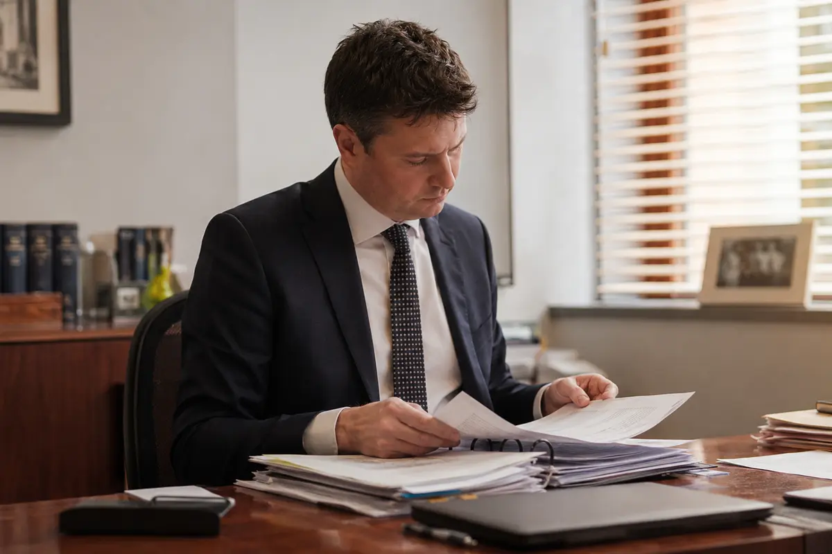 An Irish solicitor reviewing a client document at a desk