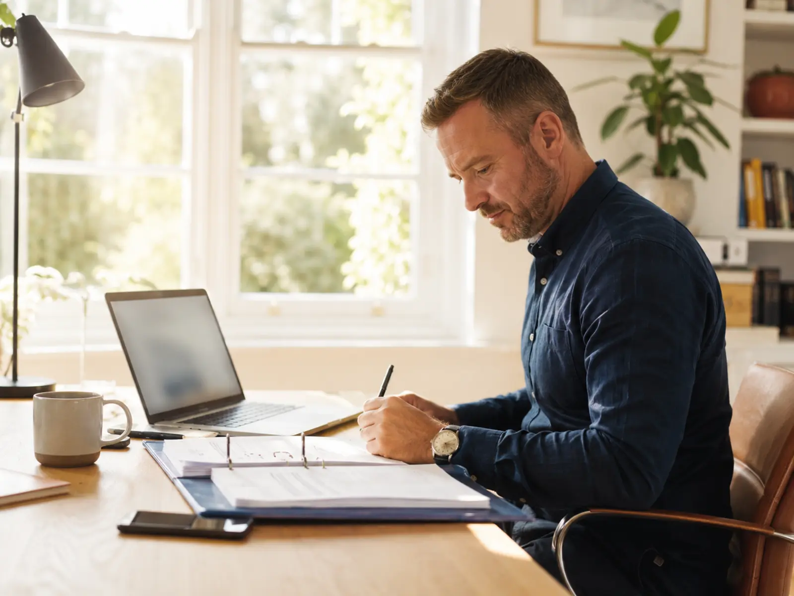 An Irish professional working with client files in a bright office