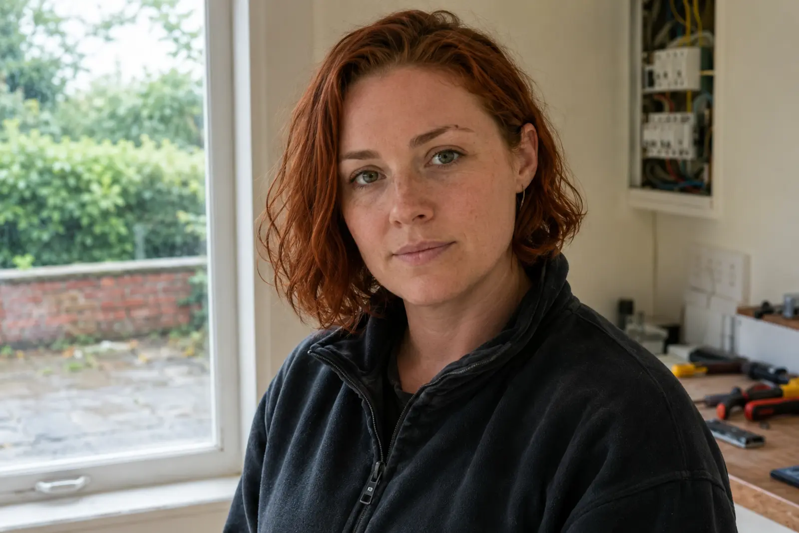 Portrait of a female electrician in a work fleece with a fuseboard behind her in an Irish home