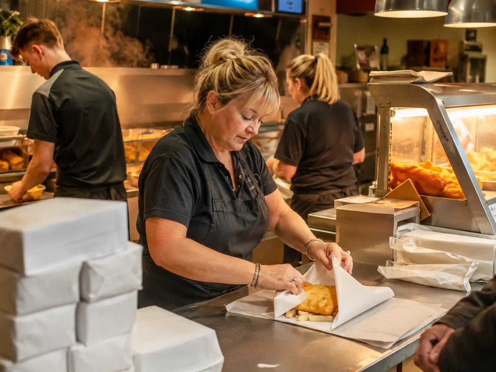 An Irish takeaway counter wrapping an order