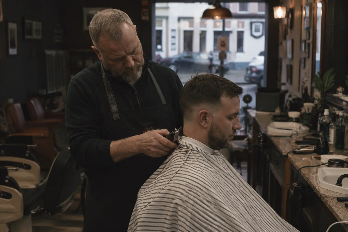 An Irish barber mid-cut, focused on the work