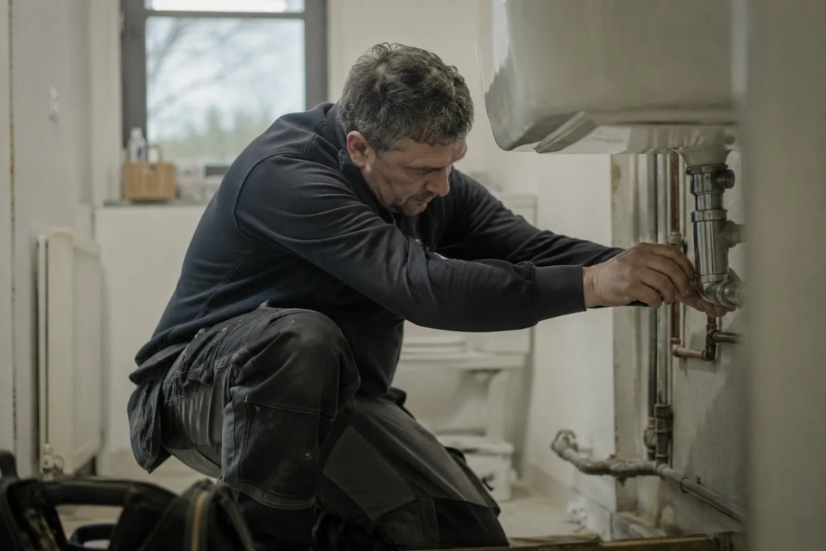 An Irish tradesperson mid-task with tools